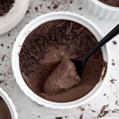 chocolate pudding in a white bowl with a spoon