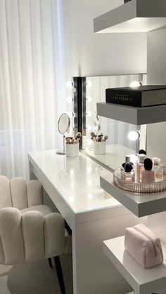 a white desk with some makeup on it