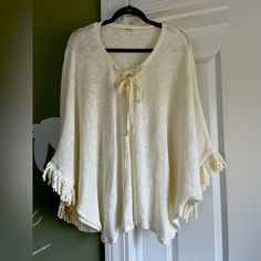 Zsupply Cream Poncho- One Size Fits Most - (Large) - Never Worn Simple -Light Weight Oversized Fall Cover-up For Vacation, Cozy Long Sleeve Tops For Vacation, White Long Sleeve Cover-up For Brunch, Long Sleeve Poncho For Spring In One Size, One Size Long Sleeve Poncho For Spring, Long Sleeve Poncho For Spring, Casual Fall Poncho For The Beach, Cozy Fall Poncho For Beach, Casual Fall Beach Poncho