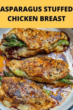 grilled asparagus and chicken in a pan with text overlay that reads easy recipes