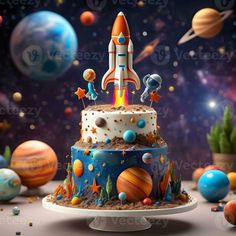 a birthday cake with an outer space theme and rocket ship on top, surrounded by planets