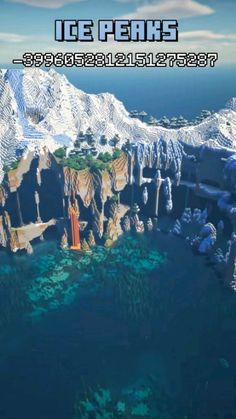 an aerial view of some mountains and water with the words ice peaks written below it