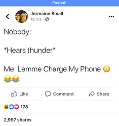 two texts that say nobody, hear thunder and me lemme charge my phone