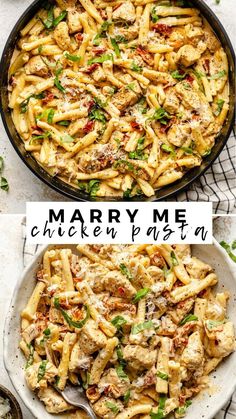 two pictures of chicken pasta in a pan with the words marry me chicken passion on top