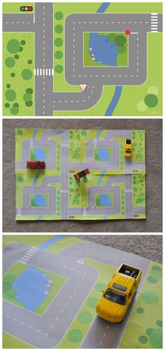 a yellow toy car is sitting on top of a play mat with cars and roads