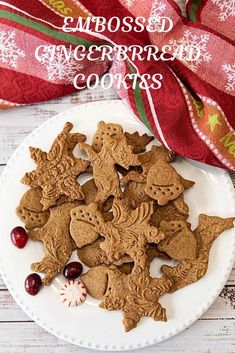 a white plate topped with cut out cookies and candy canes next to a red scarf