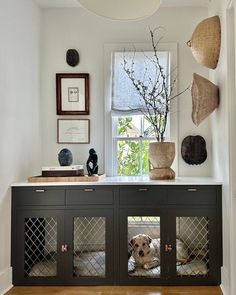 Repurpose sideboard as stylish versatile use dog crate, mudroom divider, counter top display Laundry Addition, Built In Dog Bed, Dog Cabinet, Dream Laundry Room, Dog Room, Dog Crates, Dog Crate Furniture, Fun Photography