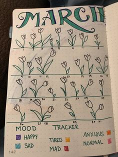 an open notebook with flowers and the words march written in green ink on top of it