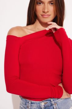 Details Scarlett, our new sultry style features an asymmetrical shoulder detail and sits on the natural waistline with extra long sleeves. Made in LA Pre-Washed Chic Fitted Off-shoulder Long Sleeve Top, Fitted One Shoulder Crop Top, Fitted One-shoulder Crop Top, Solid Fitted One-shoulder Crop Top, Fitted Solid Color One-shoulder Crop Top, Red Off-shoulder Top For Evening, Casual Fitted Off-shoulder Top With Asymmetrical Neckline, Red One-shoulder Top For Night Out, Fall Evening One Shoulder Long Sleeve Top