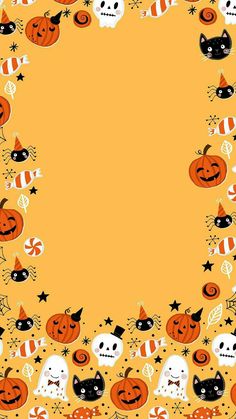 an orange halloween background with black cats, pumpkins and ghost faces in the center