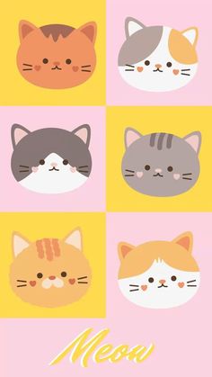 four cats with different colors and sizes are shown on a pink, yellow, and blue background