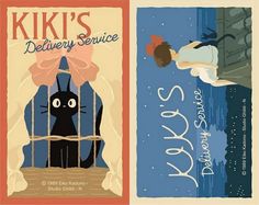 two posters for kiki's delivery service, one with a cat and the other with