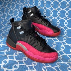 • Size : Youth 5.5y fits Womens 7 • Condition : View pics for signs of wear • Ships Fast & Safe 510815-026 grade school gs big kids boys girls wmns man ladies triple black deadly pink metallic silver grey Authentic classic special limited edition sport casual mid low hi super rare premium exclusive shoes fashion streetwear basketball rare Air Jordan 12, Pink Retro, Exclusive Shoes, Jordan 12, Jordans 12, Pink Metallic, Triple Black, Grade School, Fashion Streetwear