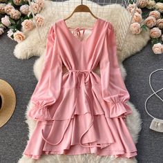 Fabric: blended Color: red, apricot, pink, black Size(cm): free size(1inch=2.54cm) length 81cm bust 96cm waist 96cm sleeve length 61cm Please check the size carefully when you choose items. For more pictures of the dress, please contact us, thank you. V Neck Long Sleeve Dress, Long Shirt Women, Cute V, Elegant Blouses, Images Esthétiques, Dress For Short Women, Long Shirt, Flared Sleeves, Dress Fashion