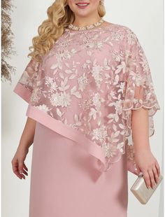 Women's Plus Size Curve Party Dress Lace Dress Cocktail Dress Midi Dress Pink Blue Half Sleeve Floral Lace Summer Spring Fall Crew Neck Fashion Birthday Wedding Guest Vacation Lace Mother Of The Bride Dress For Party, Summer Party Chiffon Mother Of The Bride Dress, Pink Lace Dress For Party Season, Pink Lace Evening Dress For Banquet, Pink Chiffon Dress For Mother Of The Bride, Spring Lace Dress For Banquet, Spring Banquet Lace Dress, Short Sleeve Mini Dress For Wedding Party Season, Chiffon Sheath Dress For Party