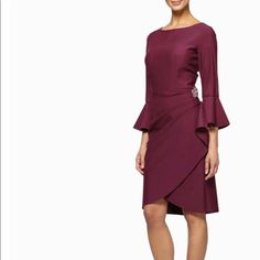 Manufacturer:Alex Evenings Suggested Price:$219.00 Manufacturer Color:Wine Condition:New With Tags Style Type:Wrap Dress Collection:Alex Evenings Material:78% Nylon/22% Spandex Country Of Origin:China Specialty:Embellished Size:18 Closure:Hidden Back Zipper Gender:Womens Fabric Type:Nylon Sleeve Length:Bell Sleeves Size Origin:Us Dress Length:Knee-Length Very Gently Used (Literally One Wedding) Dry Cleaned Perfect Condition Cannot Tell Was Ever Used. Elegant Holiday Dresses For Dinner, Elegant Fitted Burgundy Dress, Elegant Holiday Dinner Dress, Burgundy Ruched Dress For Formal Occasions, Elegant Burgundy Dress For Formal Occasions, Burgundy Ruched Formal Dress, Elegant Burgundy Formal Dress, Spring Burgundy Dresses For Weddings, Holiday Sheath Formal Dresses