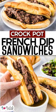 the crock pot french dip sandwiches are ready to be eaten