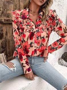 Red Party Dresses Night, Resort Casual, Resort Shirt, Floral Button Up, Floral Print Fabric, Floral Sleeve, Weave Style, Ruffle Shirt, Long Blouse