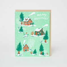 a green christmas card with houses and trees in the snow, on a white background