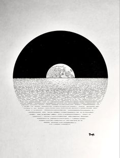 a black and white drawing of the moon over water