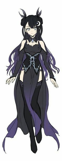 an anime character with long black hair and purple dress, standing in front of a white background