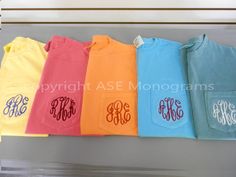 "This listing is for a one-of-a-kind embroidered comfort colors pocket tee, personalized with your choice of monogram, font, and thread color. They make perfect gifts for Birthdays, Valentines, Christmas, Sorority gifts, bridemaids or just because you want it :-) It is a 6.1 ounce 100% Cotton Preshrunk, ring-spun cotton. Rib Knit Collar Twill Tapped Neck and Shoulders Set-In Sleeve Left Chest Pocket Double Needle Stitched Seams Throughout the Shirt Pigment Shades Naturally Vary Our ship time is Christmas Sorority, Swap Gifts, Birthday Personalized, Personalized Stockings, Pretty Shirts, Sorority Gifts, Sarcastic Shirts, Mothers Day Shirts, Retro Shirts