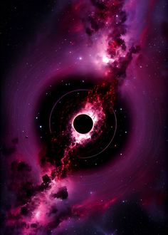 a black hole in the sky surrounded by clouds and stars, with pink hues