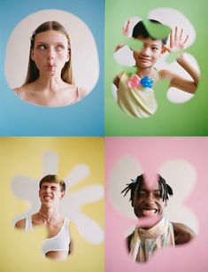 four different images of people making faces with their hands and fingers in front of them