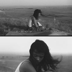 two pictures one in black and white, the other in black and white with long hair