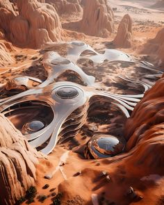 an artist's rendering of a futuristic city in the middle of desert land with mountains and rocks