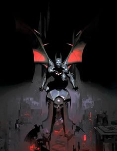 a batman standing in the middle of a city at night with his bat - like wings outstretched