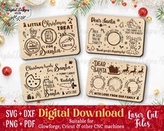 four wooden coasters with christmas designs on them and the words'svg dxf