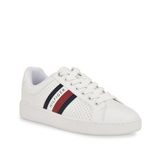 Tommy Hilfiger-Jallya Sneaker Look cool and classic in the Tommy Hilfiger Jallya sneaker. Perforated side walls with signature striped logo accentuate the style of this court-inspired sneaker designed with a foam footbed for comfort and wavy patterned sole for enhanced grip. Sneakers Looks, Designer Sneakers, Sneaker Shopping, Look Cool, Sneakers White, Tommy Hilfiger, Lace Up, Sneakers