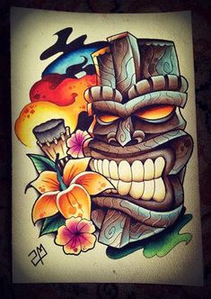 a drawing of a tiki with flowers on it