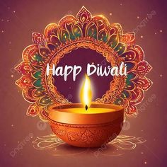 happy diwali greeting card with a lit candle in the middle and an ornate frame around it