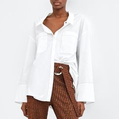 Nwt Zara Size Xs White Contrasting Topstitching Shirt Brand New With Tags - 100% Cotton Oversized Fit White Office Tops With Pockets, White Office Top With Pockets, White Zara Shirt For Office, Zara White Shirt For Office, Zara Blouse With Pockets For Workwear, Trendy White Blouse With Pockets, Zara Workwear Blouse With Pockets, Trendy Zara Shirt For Workwear, Chic White Fall Shirt