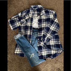 Blue And White Flannel Button-Down Shirt. Fits Slightly Oversized. Blue Button-up Flannel Shirt, Blue Button-up Everyday Flannel Shirt, Everyday Blue Button-up Flannel Shirt, Blue Checkered Shirt, Blue Flannel Shirt, Banded Collar Shirts, Navy Shirt Dress, White Flannel, Blue Flannel