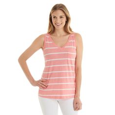 Women's Sleeveless Stripe V-Neck Tank Top, Strawberry Ice, Medium V-Neck Striped Tank Sleeveless Relaxed Fit Hits Below Hips 100% Cotton Summer Cotton V-neck Vest, Summer White V-neck Vest, White V-neck Vest Top, White V-neck Summer Vest, Summer V-neck Vest Top, Pink V-neck Vest For Summer, White Stretch V-neck Top For Summer, Cotton V-neck Beach Vest, White Casual V-neck Tank Top