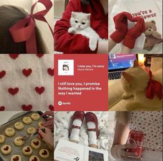 a collage of photos with red hearts and white cats on them, including a woman holding a cat in her arms