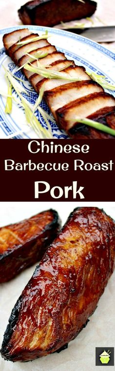 chinese barbecue roast pork on a blue and white plate