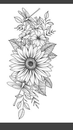 a black and white drawing of a sunflower with leaves on it's side