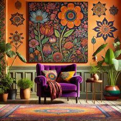 a living room with an orange wall, purple chair and large painting on the wall