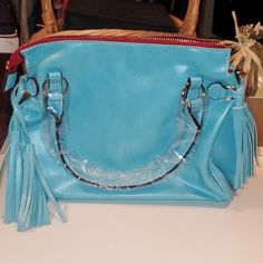 Beautiful Brand New Blue Bag Ready To Ship Casual Blue Satchel With Zipper Closure, Casual Blue Double Handle Satchel, Trendy Turquoise Tote Bag, Blue Trendy Satchel For Spring, Trendy Blue Satchel For Spring, Blue Tote Shoulder Bag With Zipper Closure, Blue Crossbody Satchel, Blue Bags With Zipper Closure For Errands, Trendy Blue Satchel Shoulder Bag