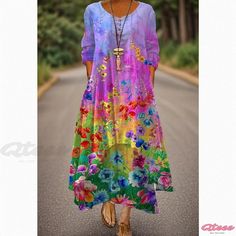 Qteee - Loose-Fit Long Sleeve Printed Maxi Dress with Pullover Design Casual Multicolor Long Sleeve Dresses, Casual Dresses With Crew Neck And Floral Print, Casual Floral Print Crew Neck Dress, Casual Dresses With Floral Print And Crew Neck, Casual Crew Neck Spring Dress, Casual Crew Neck Dress For Spring, Casual Multicolor Dresses For Fall, Casual Purple Dresses For Fall, Multicolor Crew Neck Dress For Fall