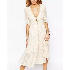 Nwt! Hard To Find Midi Dress From Free People. This Gorgeous Dress Effortlessly Screams Romance And Is Perfect For So Many Occasions. This Will Be A Hard One To Part With But It Deserves To Be Worn And I Have Yet To Be Able To. Color Is “Almond” Price Is Firm Lace Short Sleeve Midi Dress For Beach, Lace Midi Dress With Short Sleeves For The Beach, Knee-length Cream Lace Dress For Summer, Beach Lace Midi Dress With Short Sleeves, Cream Knee-length Lace Dress For Summer, Bohemian Knee-length Midi Dress With Lace Trim, Beige V-neck Feminine Lace Dress, Beige V-neck Lace Dress For Spring, Cream Lace Midi Maxi Dress