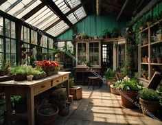 a room filled with lots of potted plants inside of a glass walled building next to a wooden table