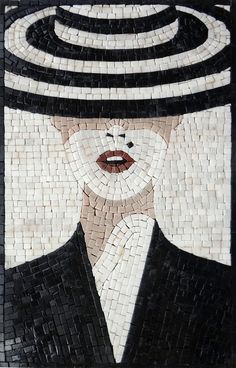 a mosaic with a woman's face wearing a hat and black suit, on white background