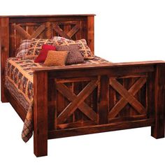 a bed with wooden headboard and foot board on it's sides, in front of a white background