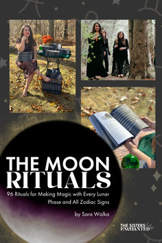 the moon rituals book cover with images of women in black and white clothing, holding an open book