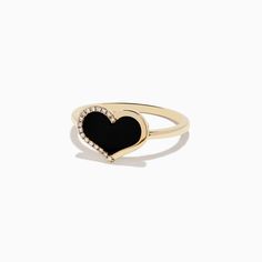 Effy Eclipse 14K Yellow Gold Onyx and Diamond Heart Ring Black Ring For Valentine's Day Formal Occasion, Black Rings For Valentine's Day Formal Occasion, Black Rings For Valentine's Day Formal Events, Black Heart Ring For Valentine's Day, Black Heart-shaped Ring For Wedding, Elegant Black Heart Ring For Weddings, Black Heart-shaped Wedding Ring, Black Heart Ring For Wedding On Valentine's Day, Black Heart Cut Rings For Valentine's Day